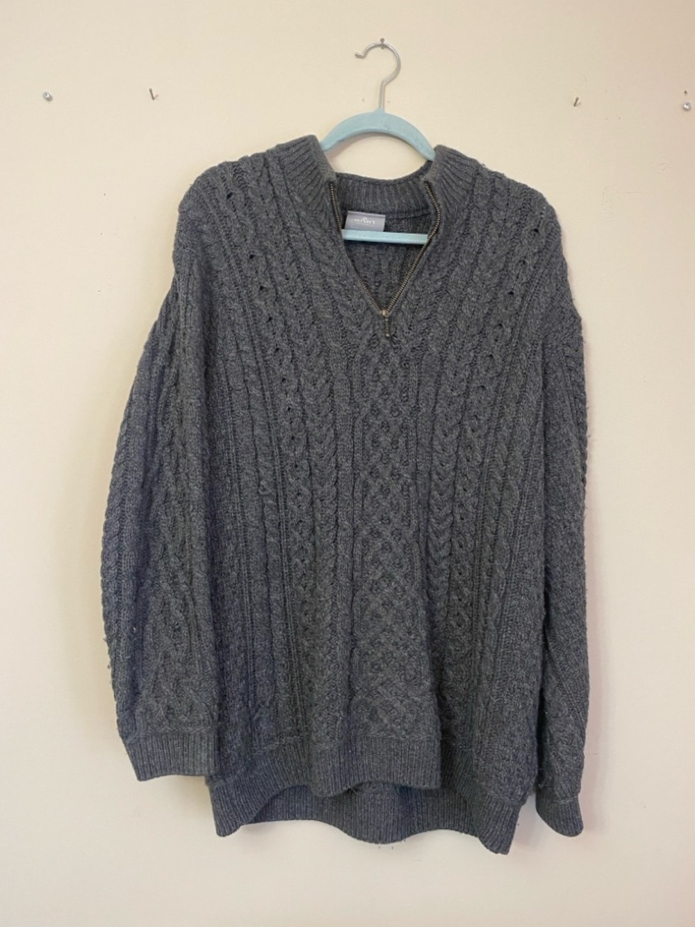 Cable Knit Zip-Neck Sweater in Charcoal Gray mens large